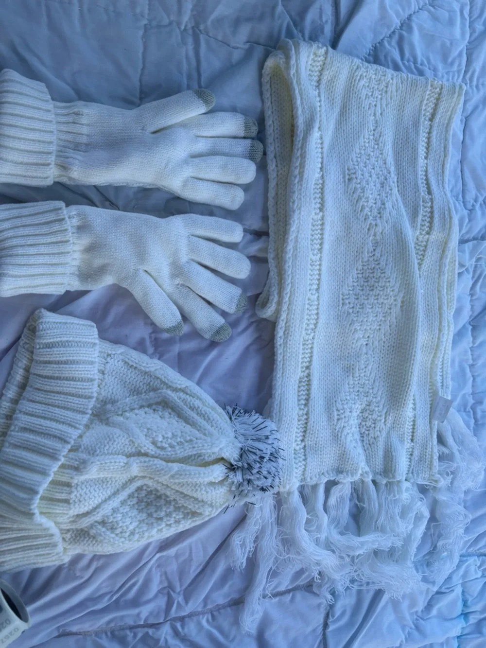 Cozy Ivory Knit Hat, Scarf & Touchscreen Gloves Set